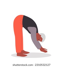 Senior man doing forward bend in yoga pose vector illustration. Cartoon isolated old grandfather stretching body in healthy physical exercise, retired grandpa training in gym, home or yoga class