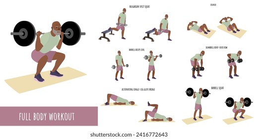 Hombre mayor haciendo ejercicio físico completo. Juego de entrenamiento. Autoaceptación y libertad. Estilo de vida activo del hombre. Deporte, bienestar. Hombres entrenando, fitness. Ilustración vectorial plana