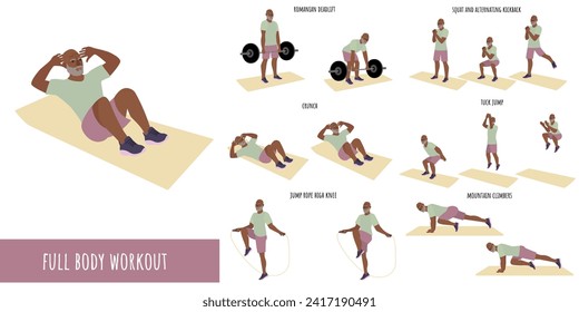 Hombre mayor haciendo ejercicio físico completo. Juego de entrenamiento. Autoaceptación y libertad. Estilo de vida activo del hombre. Deporte, bienestar. Hombres entrenando, fitness. Ilustración vectorial plana