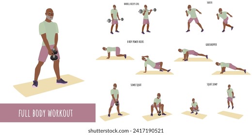 Hombre mayor haciendo ejercicio físico completo. Juego de entrenamiento. Autoaceptación y libertad. Estilo de vida activo del hombre. Deporte, bienestar. Hombres entrenando, fitness. Ilustración vectorial plana