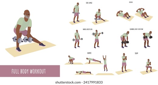 Senior man doing full body workout. Workout Set. Self acceptance and liberty. Man active lifestyle. Sport, wellness. Men workout, fitness. Flat vector illustration