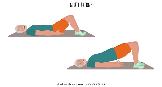 Hombre mayor haciendo ejercicio de puente de glute. Estilo de vida activo. Ilustración vectorial plana