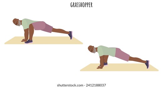 Senior man doing grasshopper exercise. Active lifestyle. Flat vector illustration