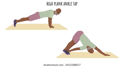 Senior man doing high plank ankle tap exercise. Active lifestyle. Flat vector illustration