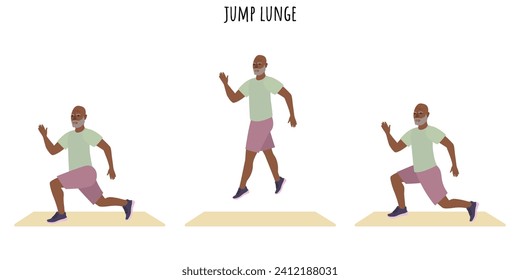 Senior man doing jump lunge exercise. Active lifestyle. Flat vector illustration