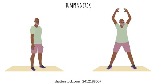 Hombre mayor haciendo ejercicio de saltar jack. Estilo de vida activo. Ilustración vectorial plana