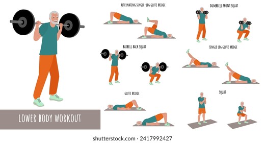 Hombre mayor haciendo entrenamiento corporal inferior. Juego de entrenamiento. Autoaceptación y libertad. Estilo de vida activo del hombre. Deporte, bienestar. Hombres entrenando, fitness. Ilustración vectorial plana