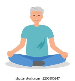 Senior man doing meditation for mind relaxation in flat design on white background. Healthy lifestyle.
