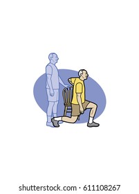 Senior man doing a modified lunge exercise, using a chair as support