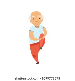 Senior man doing morning exercise in sports uniform, character doing morning exercises or therapeutic gymnastics, active and healthy lifestyle vector Illustration