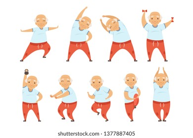 Senior man doing morning exercises, active and healthy lifestyle of retired people vector Illustration on a white background