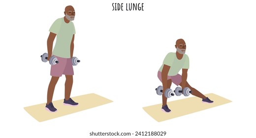 Senior man doing side lunge exercise. Active lifestyle. Flat vector illustration