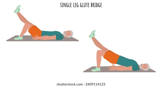 Senior man doing single led glute bridge exercise. Active lifestyle. Flat vector illustration