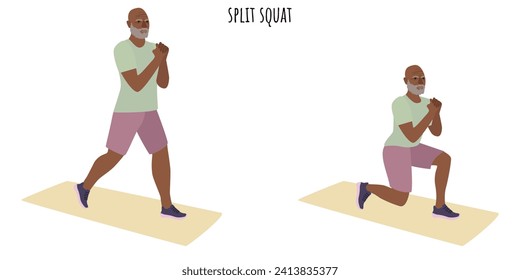 Senior man doing split squat exercise. Active lifestyle. Flat vector illustration