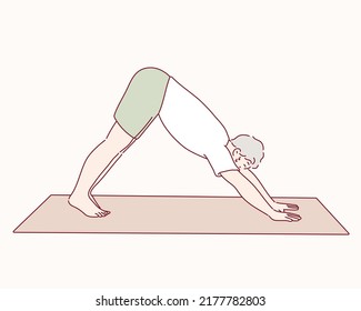 Senior man doing sports, grandmother character doing morning exercises. Hand drawn style vector design illustrations.