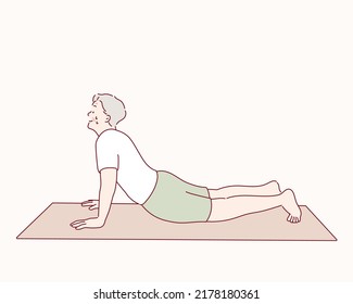 Senior man doing sports, grandmother character doing morning exercises. Hand drawn style vector design illustrations.