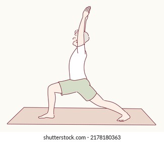 Senior man doing sports, grandmother character doing morning exercises. Hand drawn style vector design illustrations.