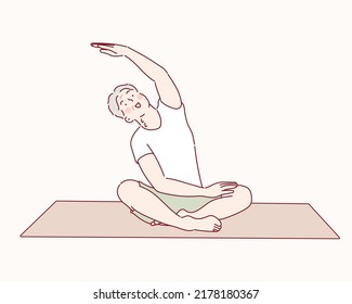 Senior man doing sports, grandmother character doing morning exercises. Hand drawn style vector design illustrations.