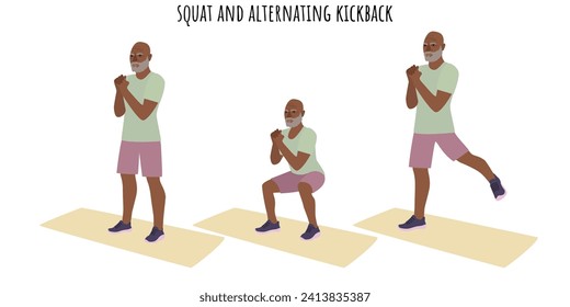 Hombre mayor haciendo ejercicio de squat y ejercicio alterno de pataletas. Estilo de vida activo. Ilustración vectorial plana