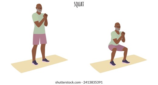 Senior man doing squat exercise. Active lifestyle. Flat vector illustration