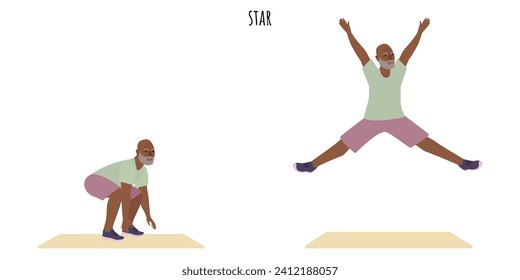 Hombre mayor haciendo ejercicio estrellado. Estilo de vida activo. Ilustración vectorial plana