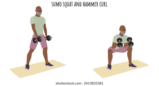 Senior man doing sumo squat and hammer curl exercise. Active lifestyle. Flat vector illustration