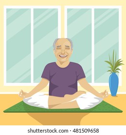 senior man doing yoga exercises in lotus position sitting on mat