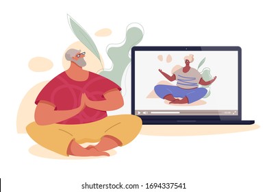 Senior man doing yoga at home via internet. Quarantine vector concept. Stay home, stay sane.