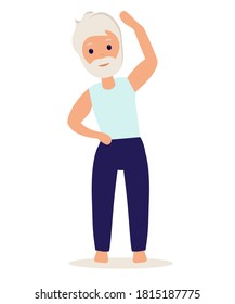 Senior man doing yoga. Yoga practice. Vector illustration in flat style. Old man goes in for sports.