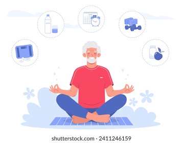 Senior man doing yoga, sitting in the lotus position. Healthy lifestyle in old age. Fitness, yoga, healthy eating and daily routine. 