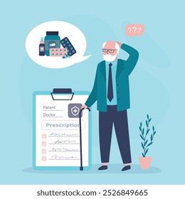 Senior man with doubt, grandfather forget time to take medicine. Memory loss, alzheimer and medical pharmaceutical for elderly concept. Medical prescription and aged patient. flat vector illustration