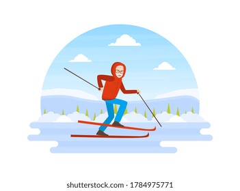 Senior Man Dressed in Warm Clothing Skiing, Winter Sports Outdoor Activity Vector Illustration