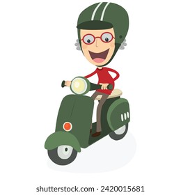 Senior man driving a scooter. Vector Illustration.