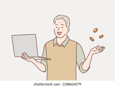 Senior Mann verdient Geld. Laptop. Handgezeichnete Vektordesign-Illustrationen.