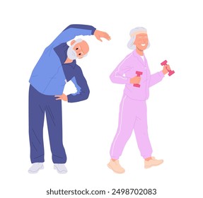 Senior man and elderly woman characters enjoying healthy lifestyle doing sport training workout