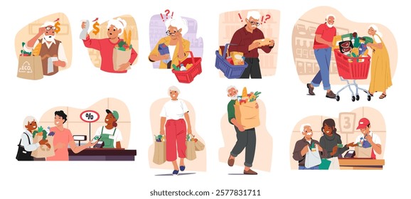 Senior man and elderly woman characters doing shopping in supermarket set. Old people purchasing in grocery shop carrying bags, filling basket, paying for food, checking bill vector illustration