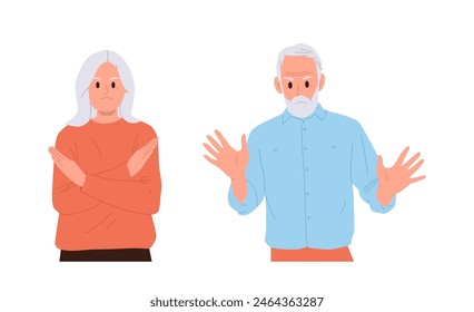 Senior man and elderly woman isolated cartoon character gesturing stop feeling negative emotions