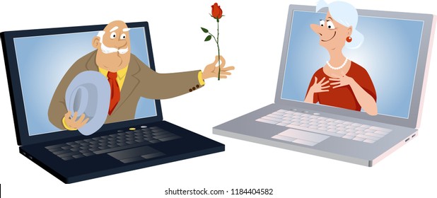 A senior man emerging from a computer screen and presenting a rose to a mature woman in another computer, symbolizing internet dating, EPS 8 vector illustration