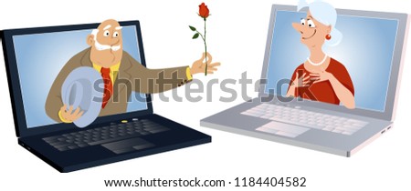 A senior man emerging from a computer screen and presenting a rose to a mature woman in another computer, symbolizing internet dating, EPS 8 vector illustration