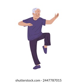 Senior man engaging in a Tai Chi pose, illustrating balance and grace. Ideal vector illustration for senior wellness and activity concepts.