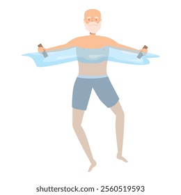 Senior man enjoying aqua aerobics, exercising with water dumbbells in a refreshing swimming pool