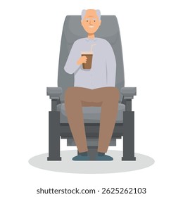 Senior man enjoying a beverage while watching a movie in a theater, embracing his free time in retirement