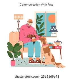 Senior man enjoying company of his cat and dog in a cozy living room setting. Bonding moments with pets. Vector illustration.