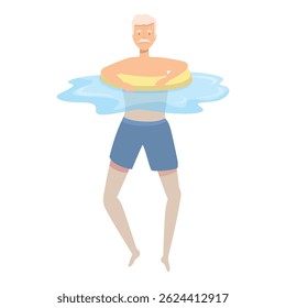 Senior man enjoying his time relaxing and doing aqua gym with an inflatable ring in the swimming pool