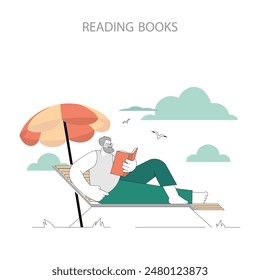 Senior man enjoys a leisurely read under an umbrella on a sunny day, embodying tranquility and relaxation. Vector illustration.