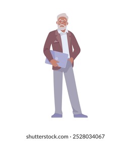 Senior Man Entrepreneur Character Standing with Laptop Vector Illustration