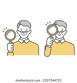 Senior man examining using a magnifying glass Senior man confirming