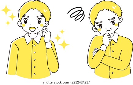 A senior man with an excited expression and a troubled expression illustration set