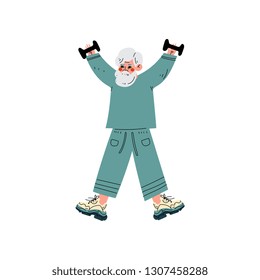 Senior Man Exercising with Dumbbells, Grandfather Doing Morning Exercise or Therapeutic Gymnastics, Elderly Man Daily Activity Vector Illustration