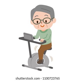 Senior man exercising on stationary bikes in fitness class